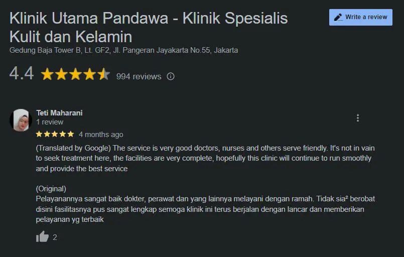 Testimoni Klinik Utama Pandawa Jakarta